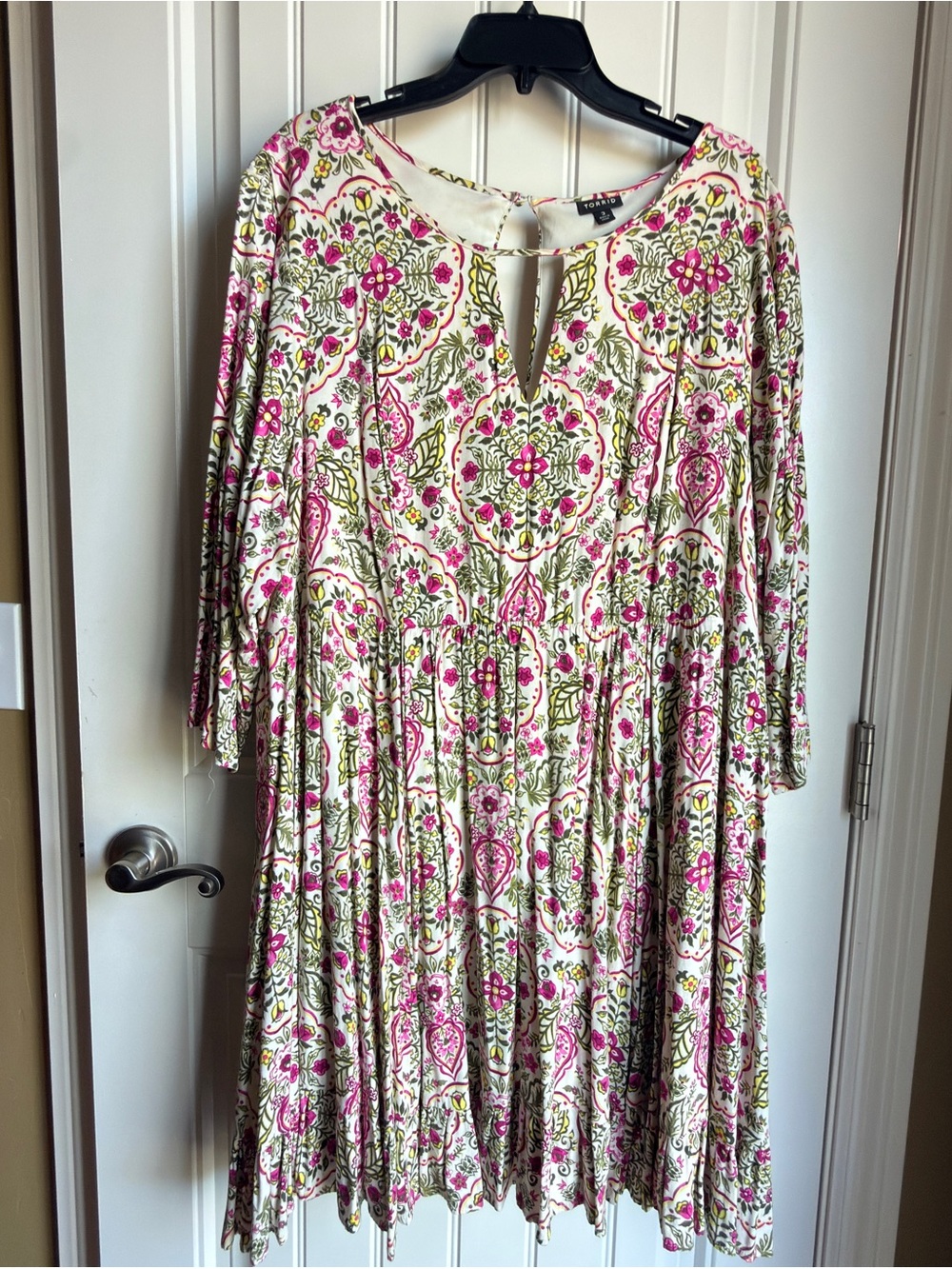 torrid Ivory Floral Medallion Long-Sleeve Dress with Pink & Green Accents